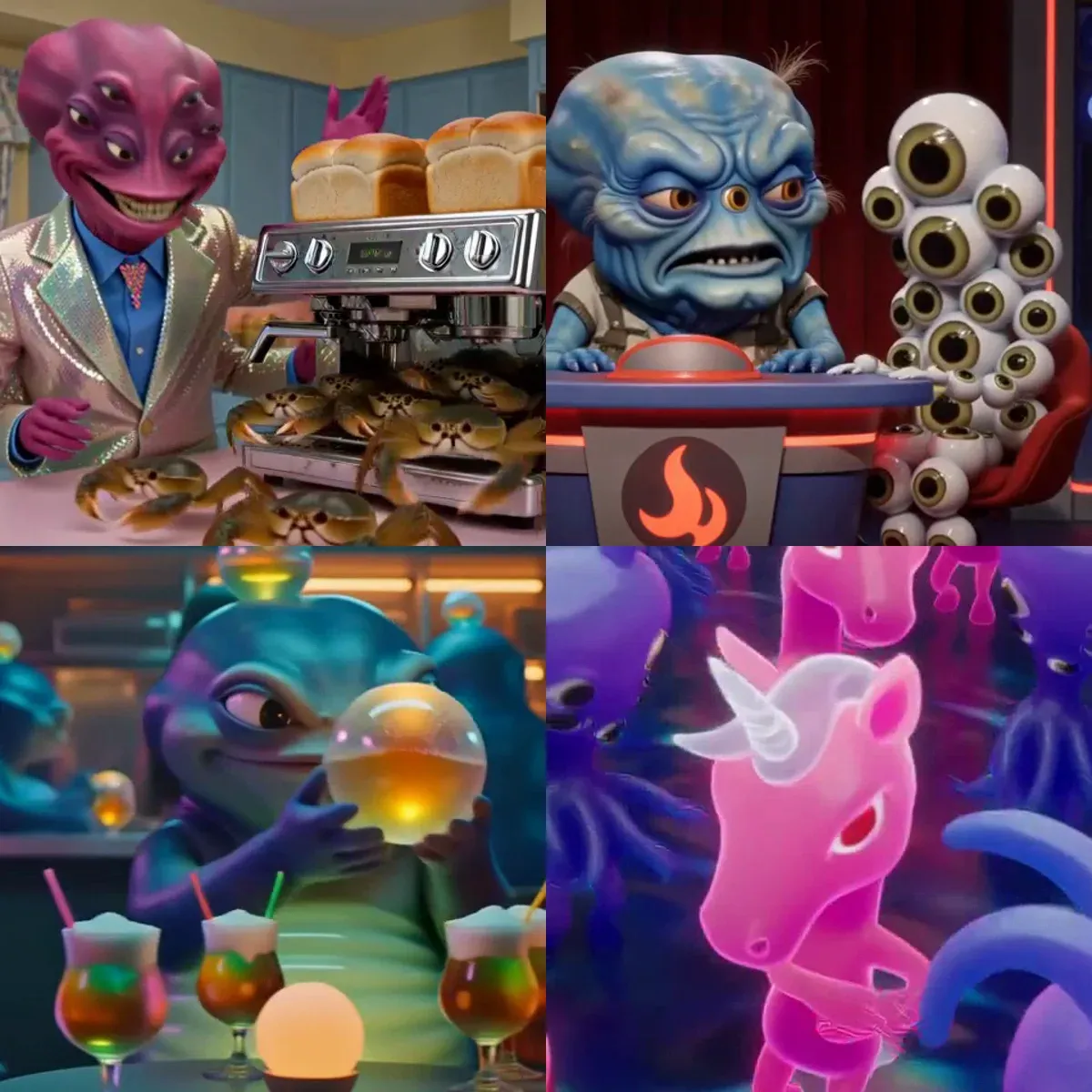 Four frames from the channel: an alien in a sequined blazer at a machine producing live crabs, a blue creature hosting a talk show beside a guest made of stacked eyeballs, creatures drinking on a neon terrace, and a pink unicorn in a crowd.