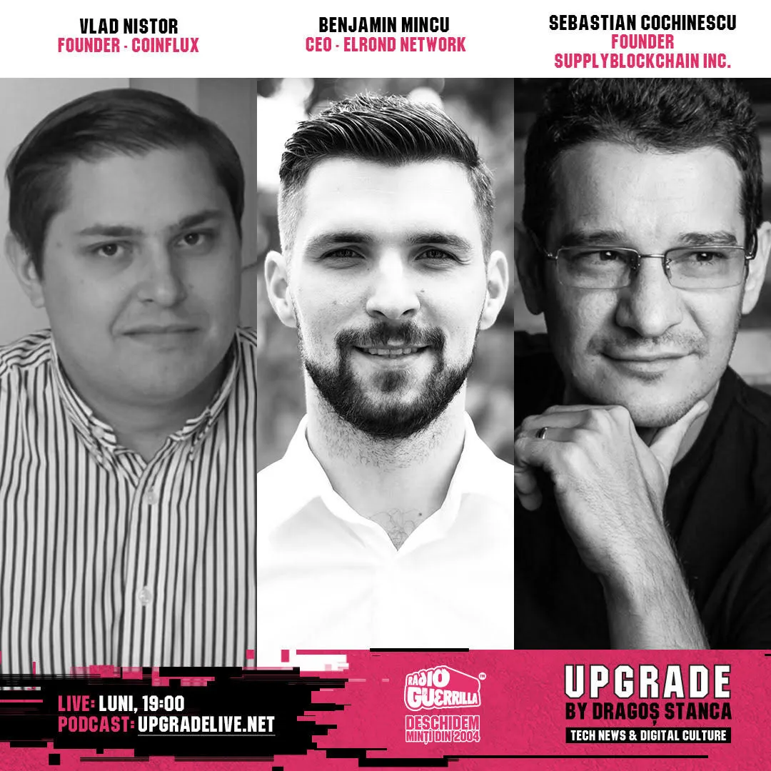 Promo image for the Upgrade radio show with portraits of Vlad Nistor, Beniamin Mincu and Sebastian Cochinescu.